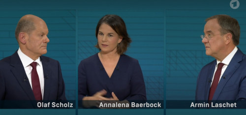 The candidates of the SPD, the Green Party and the CDU/CSU in a TV debate: Each party has led the polls at some point in 2021. Photo: ARD (screenshot)