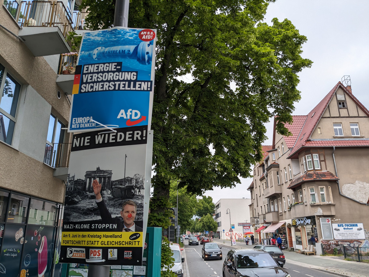 "Securing Energy Supply!": An AfD election slogan for the 2024 EU elections featuring a photoshopped image of a pipeline "Nord Stream 2" (it is in fact not a photo of NS2). Photo: Wettengel / CLEW
