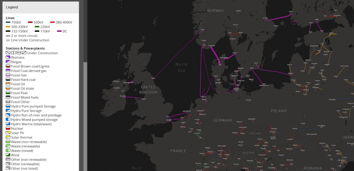 The ENTSO-E Transmission System Map shows interconnectors between European countries on [entsoe.eu](https://www.entsoe.eu/data/map/) . 