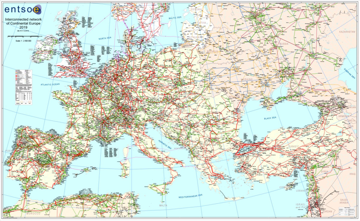 Map shows Interconnected electricity network of Continental Europe 