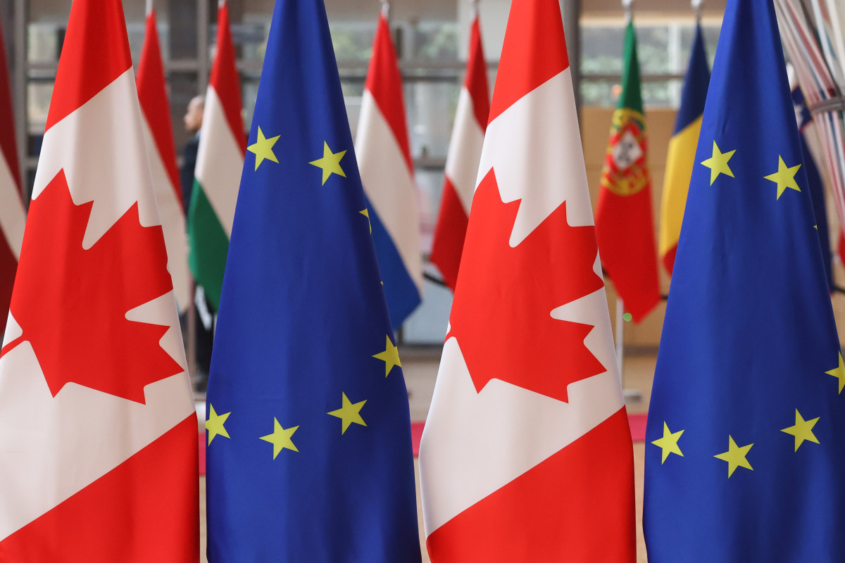 Row of EU and Canadian flags. Photo: European Union. 