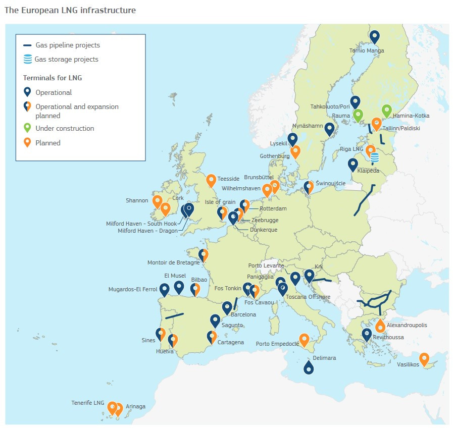 LNG terminals in the EU (status 2022). Source: European Commission 2022. Map shows LNG terminals in the EU. Source: European Commission 2022.