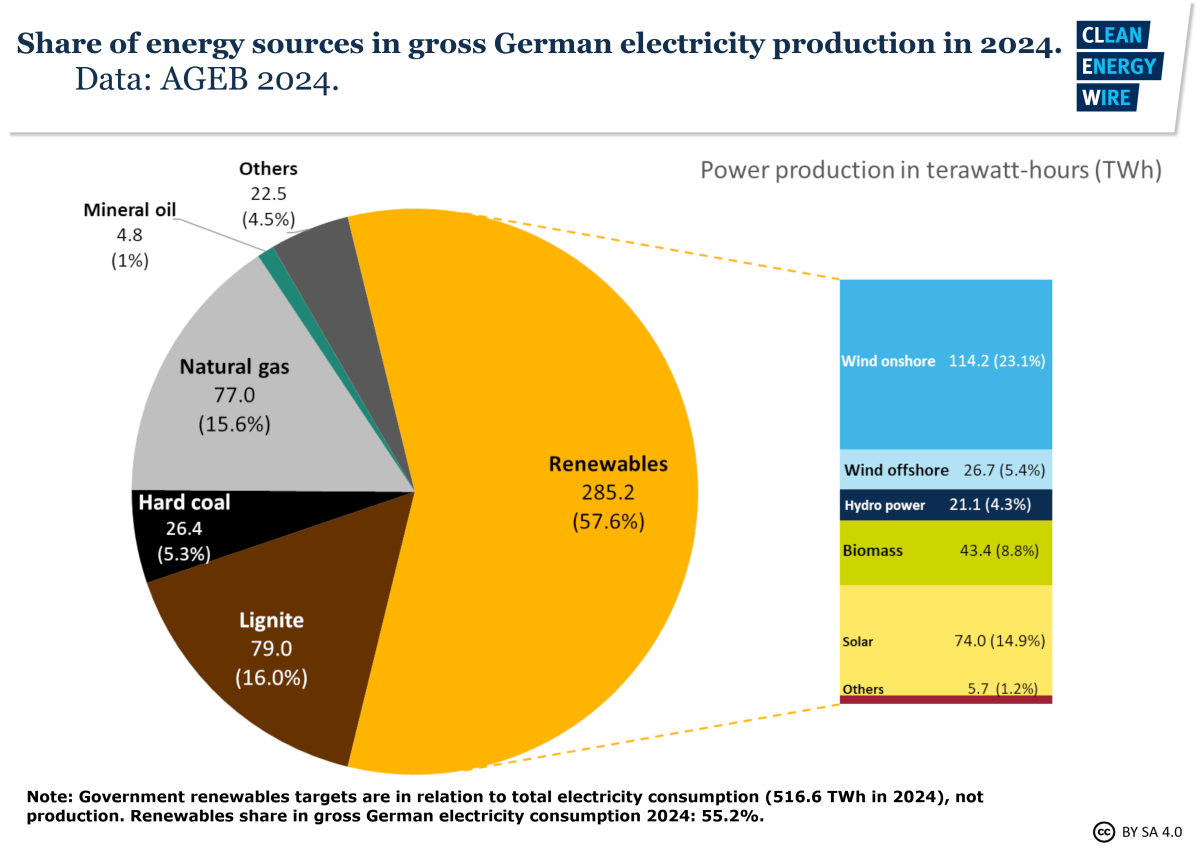 Graph shows share of energy sources in gross German power production in 2024. Graph: CLEW 2024.