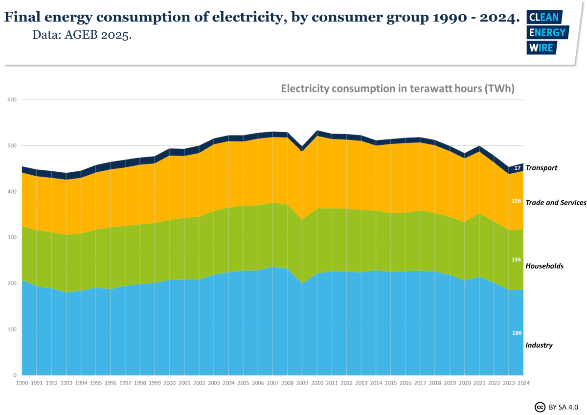 Graph shows Germany's net power consumption by consumer group 2000-2024. Graph: CLEW 2025.