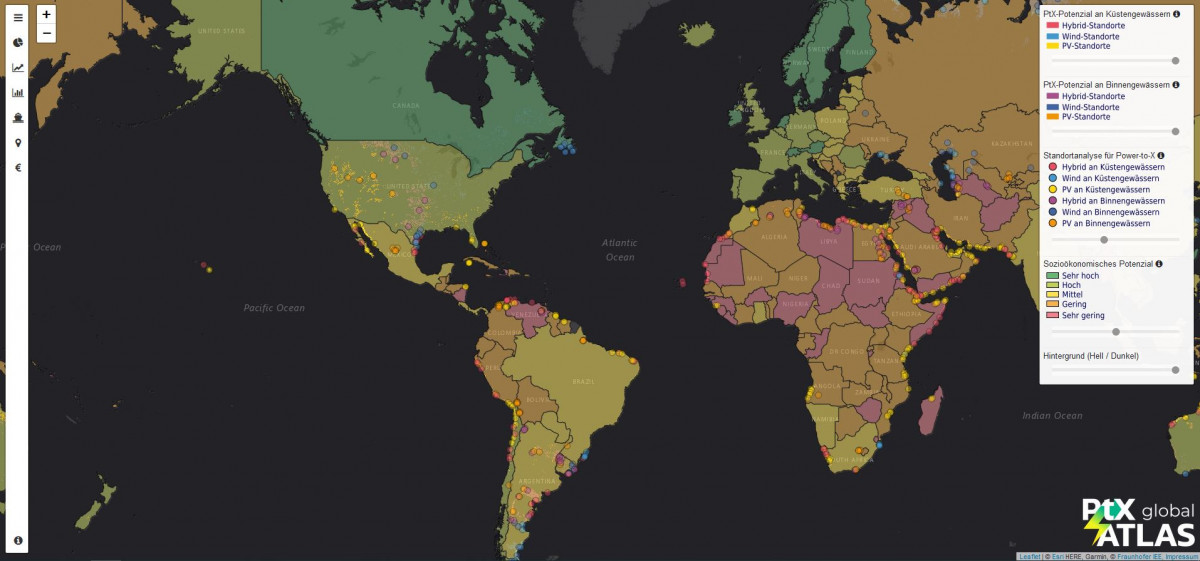 Map shows potential across world for power to x locations. Source: Fraunhofer IEE. 