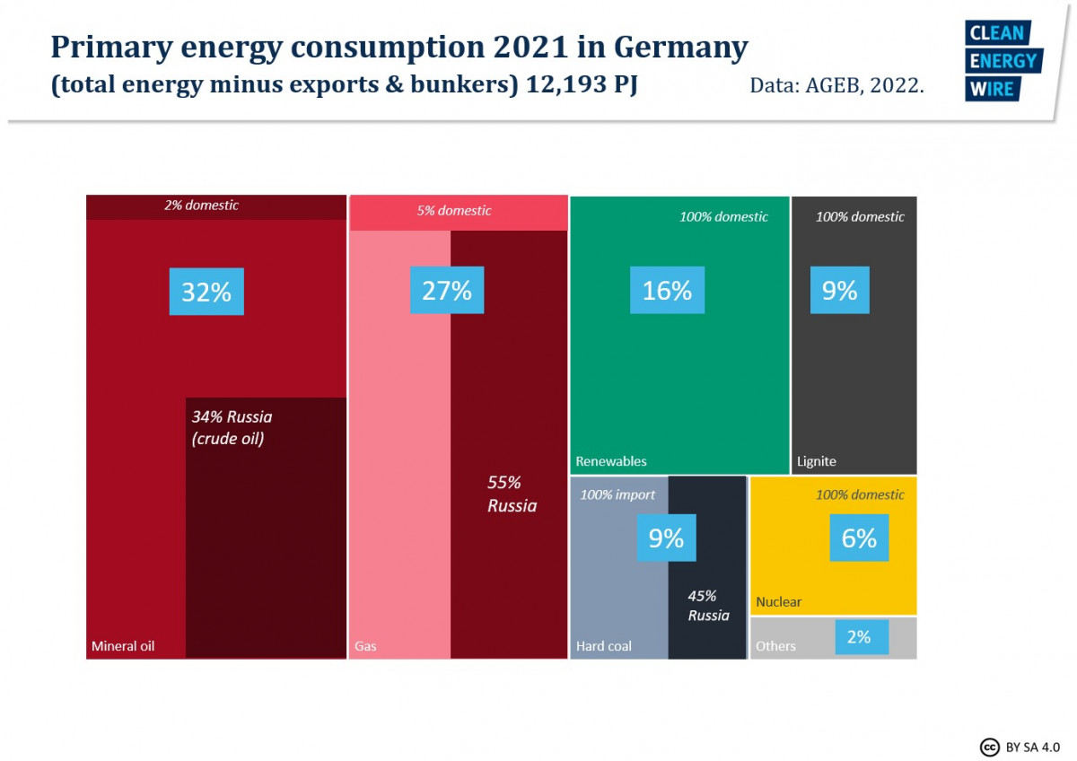 Graph shows Germany's primary energy consumption by fossil fuel source and share of Russian imports. Graph: CLEW. 