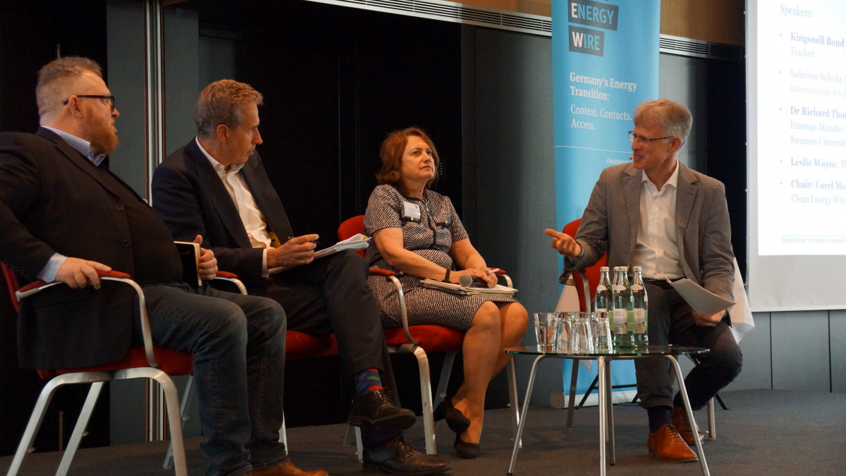 Photo shows participants in a panel at the Clean Energy Wire Global Energy Transition Journalism Conference 2019. Photo: CLEW 2019.