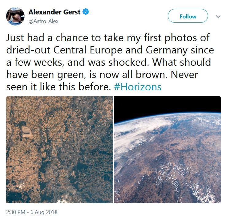 The 2018 drought in Europe was visible even from the International Space Station. Tweet from Astronaut Alexander Gerst.