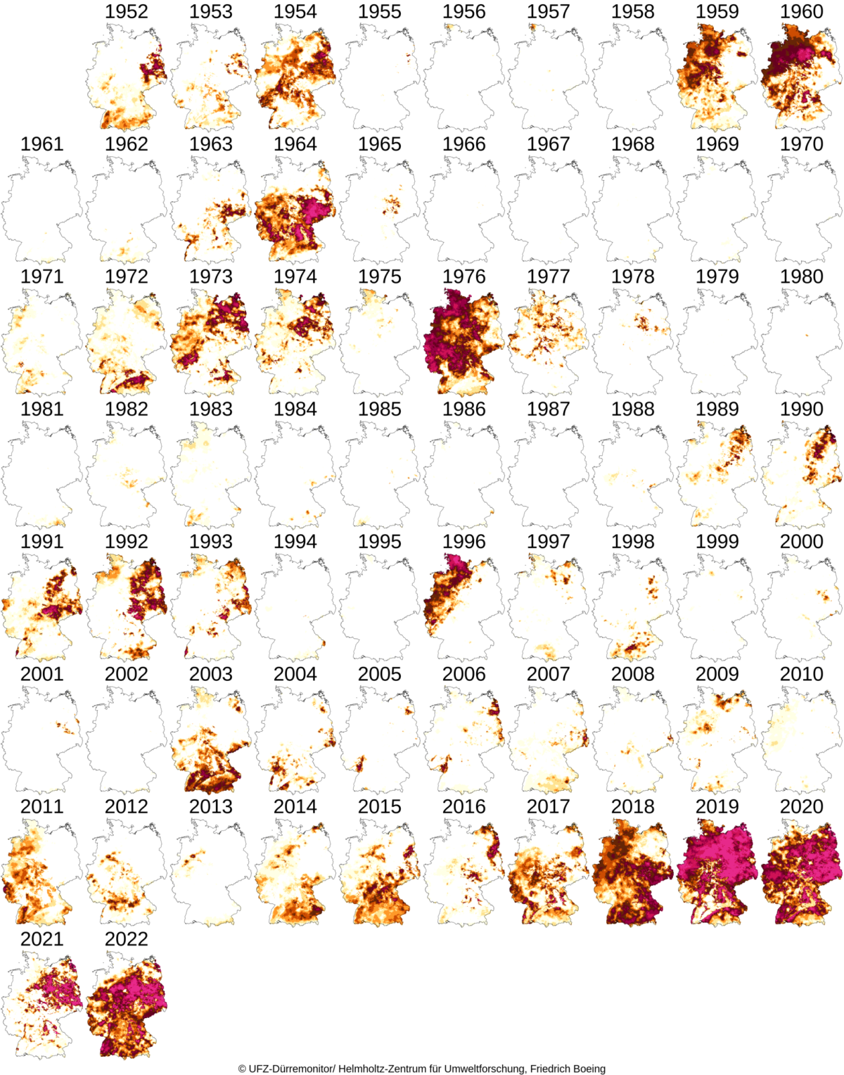 Drought intensity in all soil in Germany between 1952-2022. Photo: Helmholtz Centre for Environmental Research.