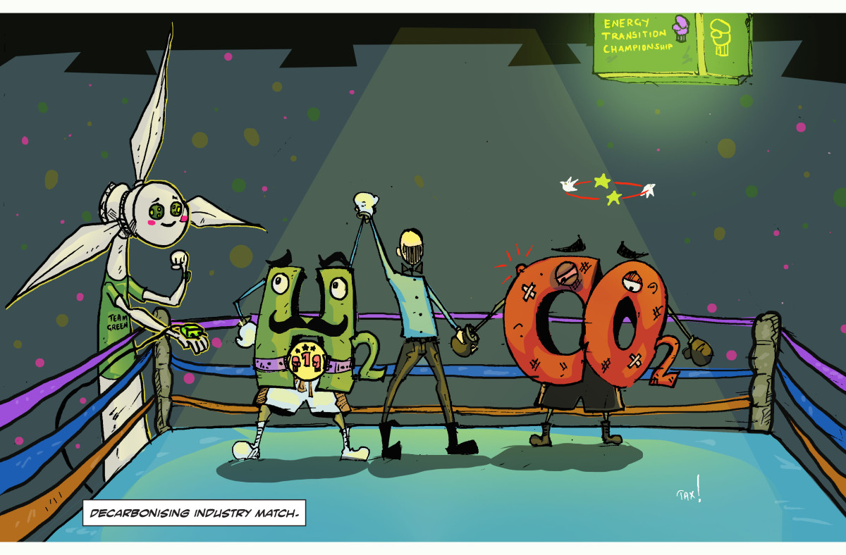 Image shows cartoon characters for hydrogen and for CO2 in a boxing match which hydrogen wins. 