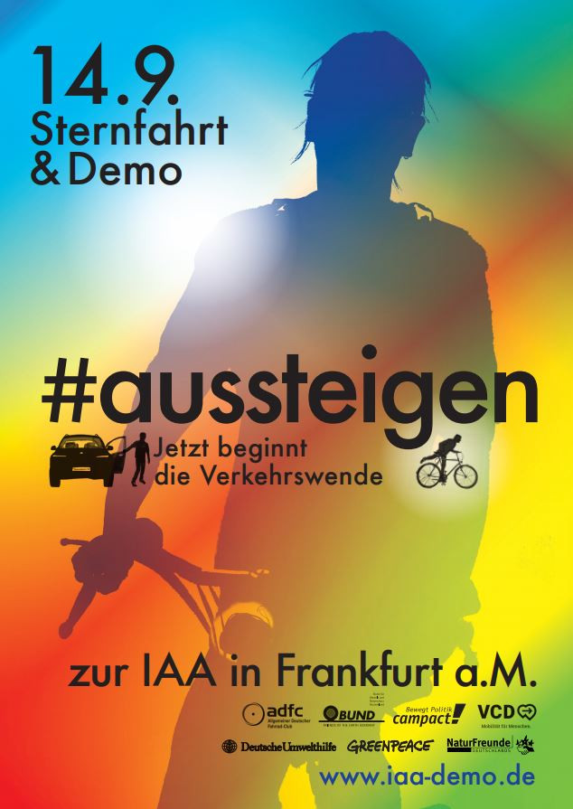 Poster advertising IAA clean mobility protests - "get off - the mobility transition starts now"