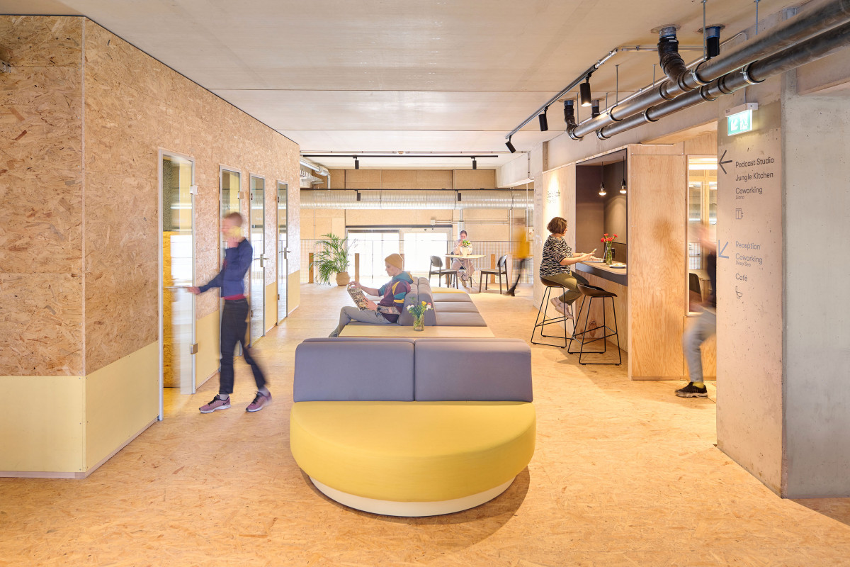 The CRCLR House in Berlin, a former brewery, was refurbished using 70 percent upcycled, recycled or sustainable materials. Photo: Michael Berger. The CRCLR House in Berlin, a former brewery, was refurbished using 70 percent upcycled, recycled or sustainable materials. Photo: Michael Berger.