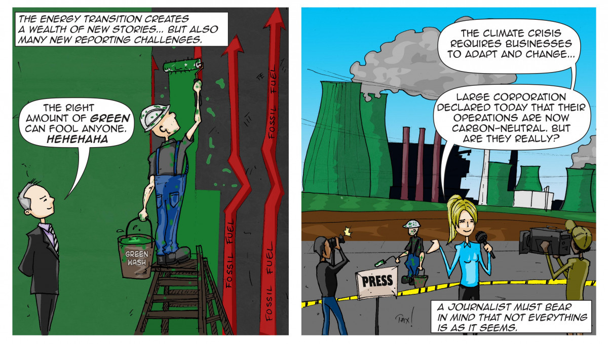 Greenwashing tactics are becoming much more refined, posing a challenge for journalists. Cartoon by CLEW / Mwelwa Musonko [CC BY 4.0](https://creativecommons.org/licenses/by/4.0/)