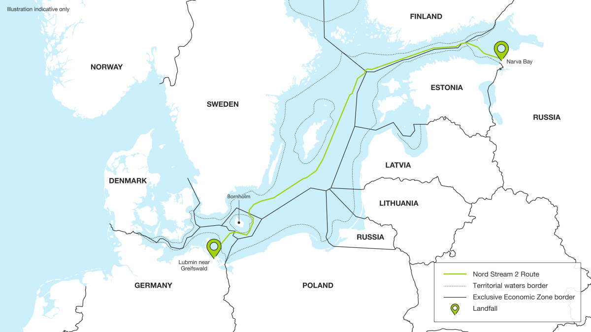Nord Stream 2 closely follows the route of the existing Nord Stream twin pipeline underneath the Baltic Sea. Source: Nord Stream 2 AG. Map shows that Nord Stream 2 closely follows the route of the existing Nord Stream twin pipeline underneath the Baltic Sea. Source: Nord Stream 2 AG.