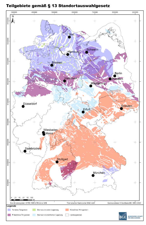 Over half of Germany is considered suitable for building an underground permanent disposal mine for high-level nuclear waste, according to the first report of the BGE. Map: BGE.