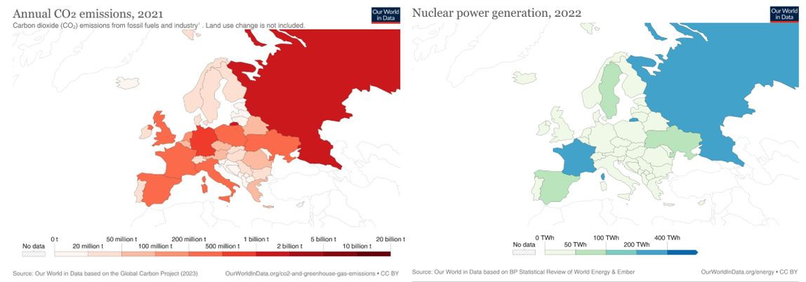 Outliers: Germany leads in EU greenhouse gas emissions - France dominates on nuclear power. Source: Our World in Data Maps show CO2 emissions and nuclear power use in Europe