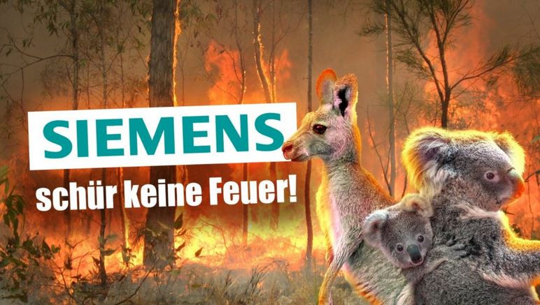 Screenshot from Fridays for Future homepage - "Siemens - don't stir up the fires"