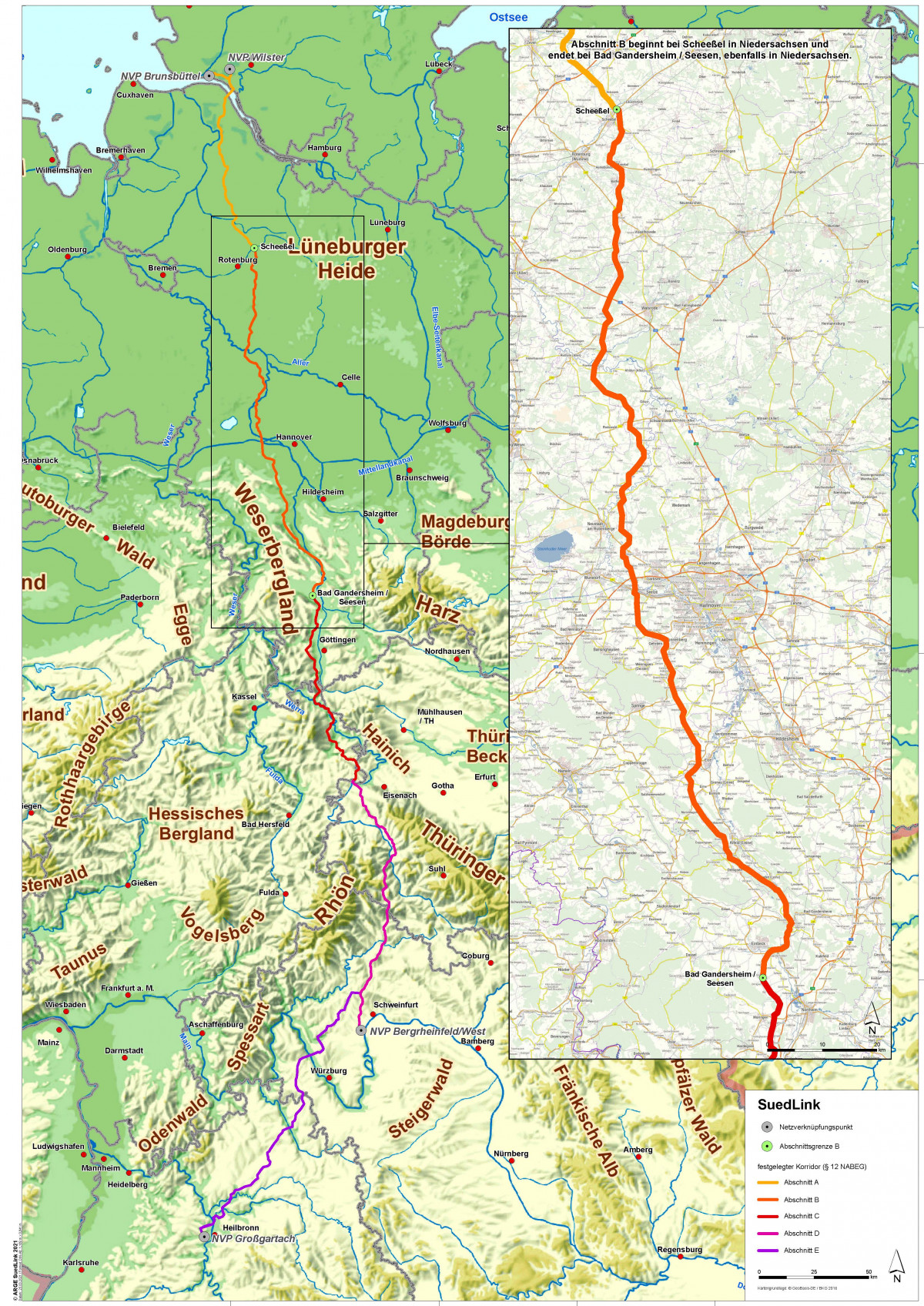 Map shows SuedLink power line route in Germany. Source: TenneT / TransnetBW.