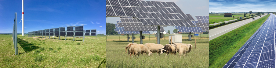 Bifacial solar modules, panels on grazing land and solar noise barriers: as land becomes more precious in the energy transition, solar panels need to become more flexible. Source: Next2Sun, Grüne Fraktion Bayern, Isofoton (l.t.r)