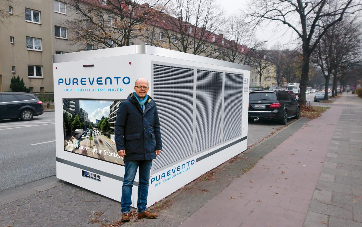 Purevento says its Model E "city air cleaner" (seen in this photoshopped image) can purify about 15,000 cubic metres of air per hour. Photo: Purevento GmbH