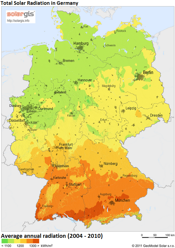 Solar intensity varies significantly across Germany - and so does the distribution of solar panels, which are mostly found in the country's south. Source: Solargis